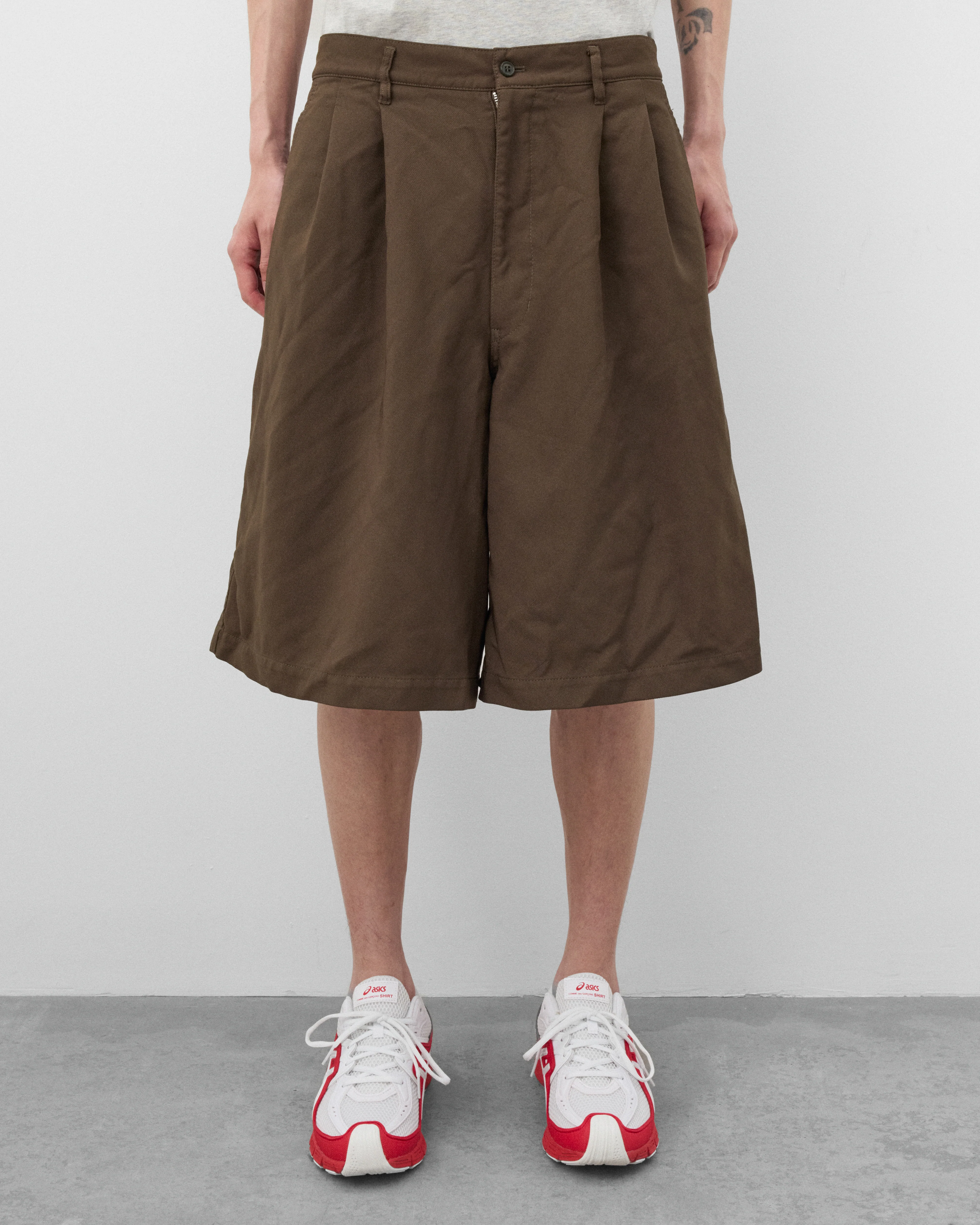 CDG Shirt - Men's Pleated Wide Leg Shorts - (Olive) - Image 3