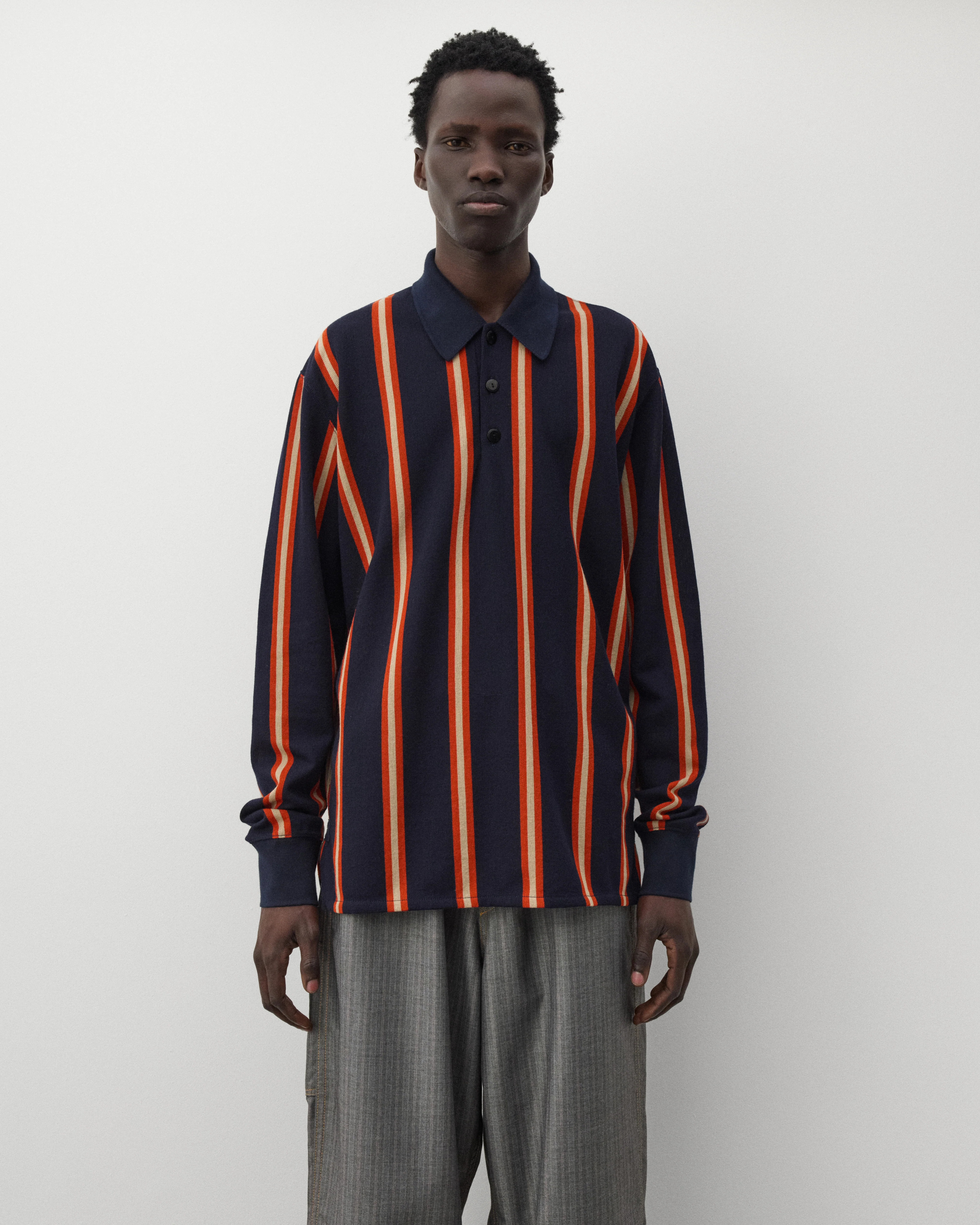 Junya Watanabe Man - Men's Striped Knit Polo - (Navy/Orange) - Image 3