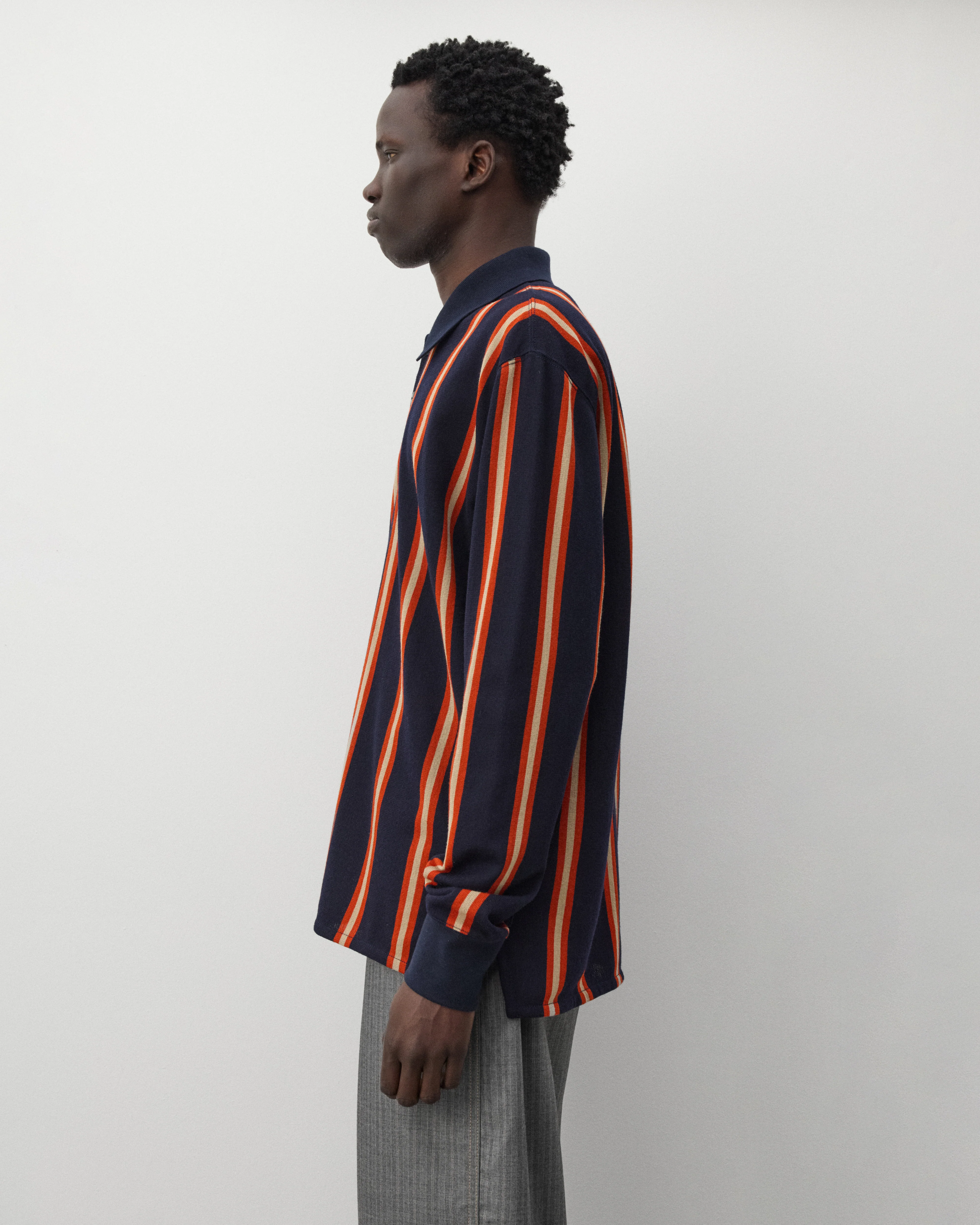 Junya Watanabe Man - Men's Striped Knit Polo - (Navy/Orange) - Image 4