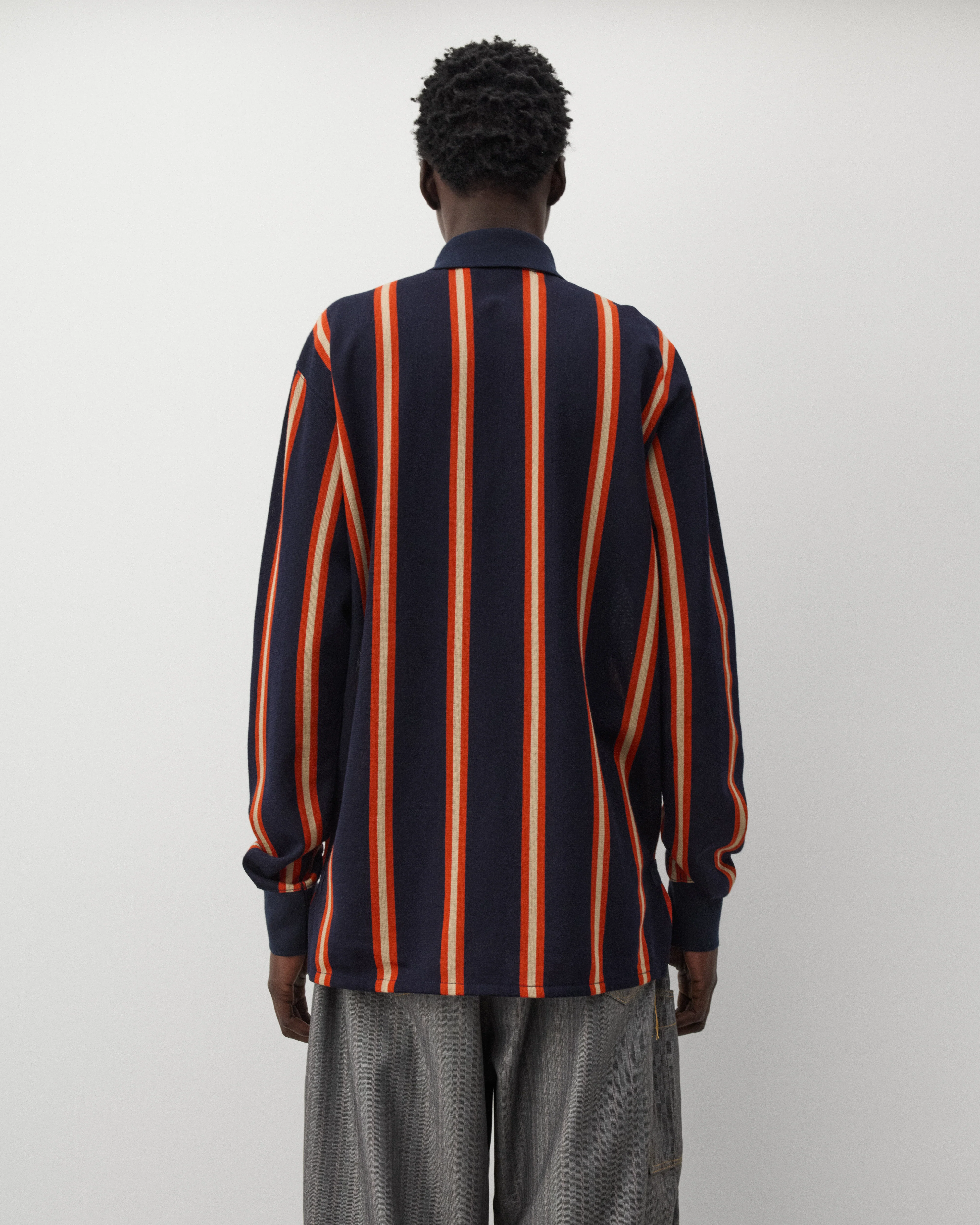 Junya Watanabe Man - Men's Striped Knit Polo - (Navy/Orange) - Image 5