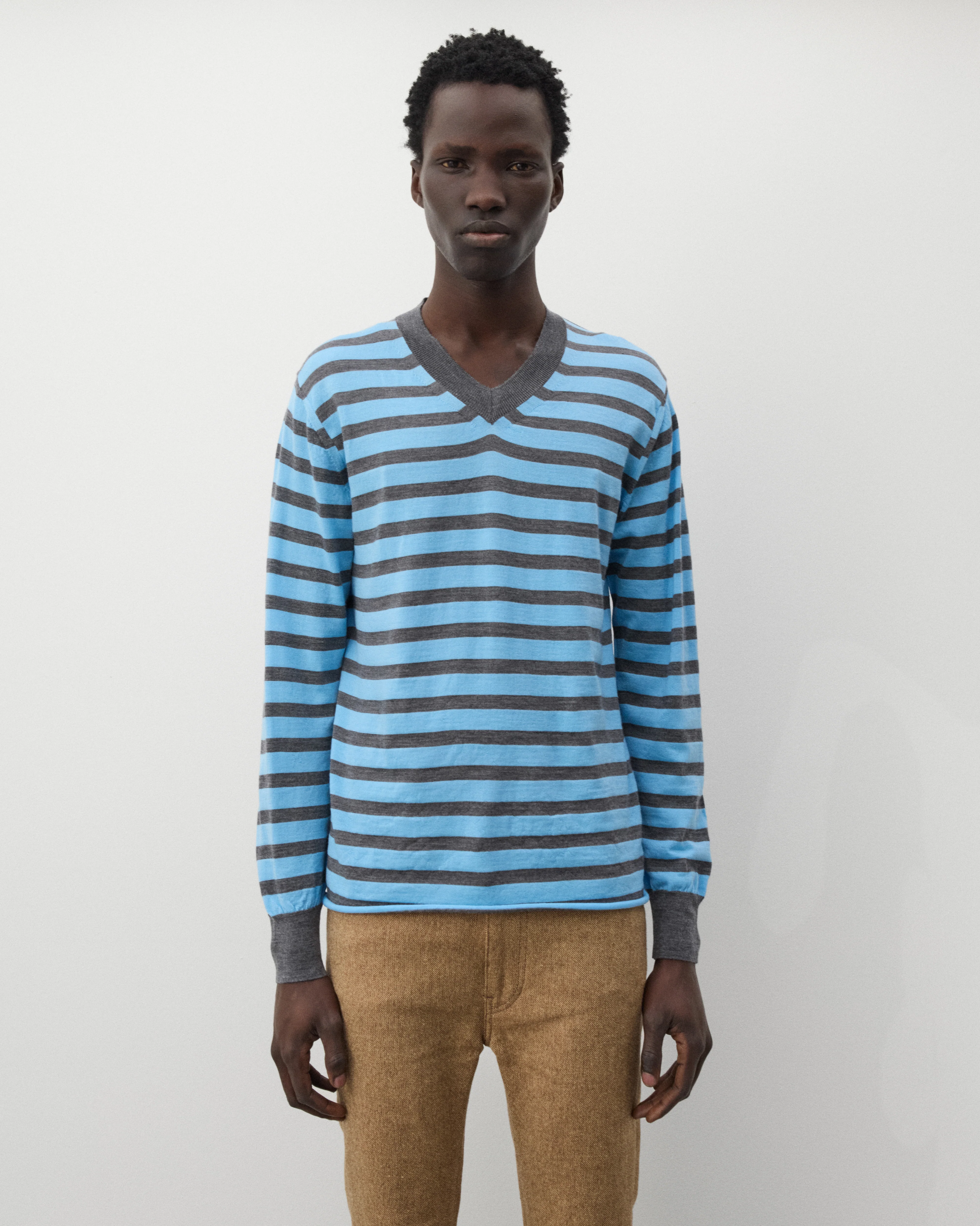 Junya Watanabe Man - Men's Striped V-Neck Sweater - (Grey/Sax Blue) - Image 3