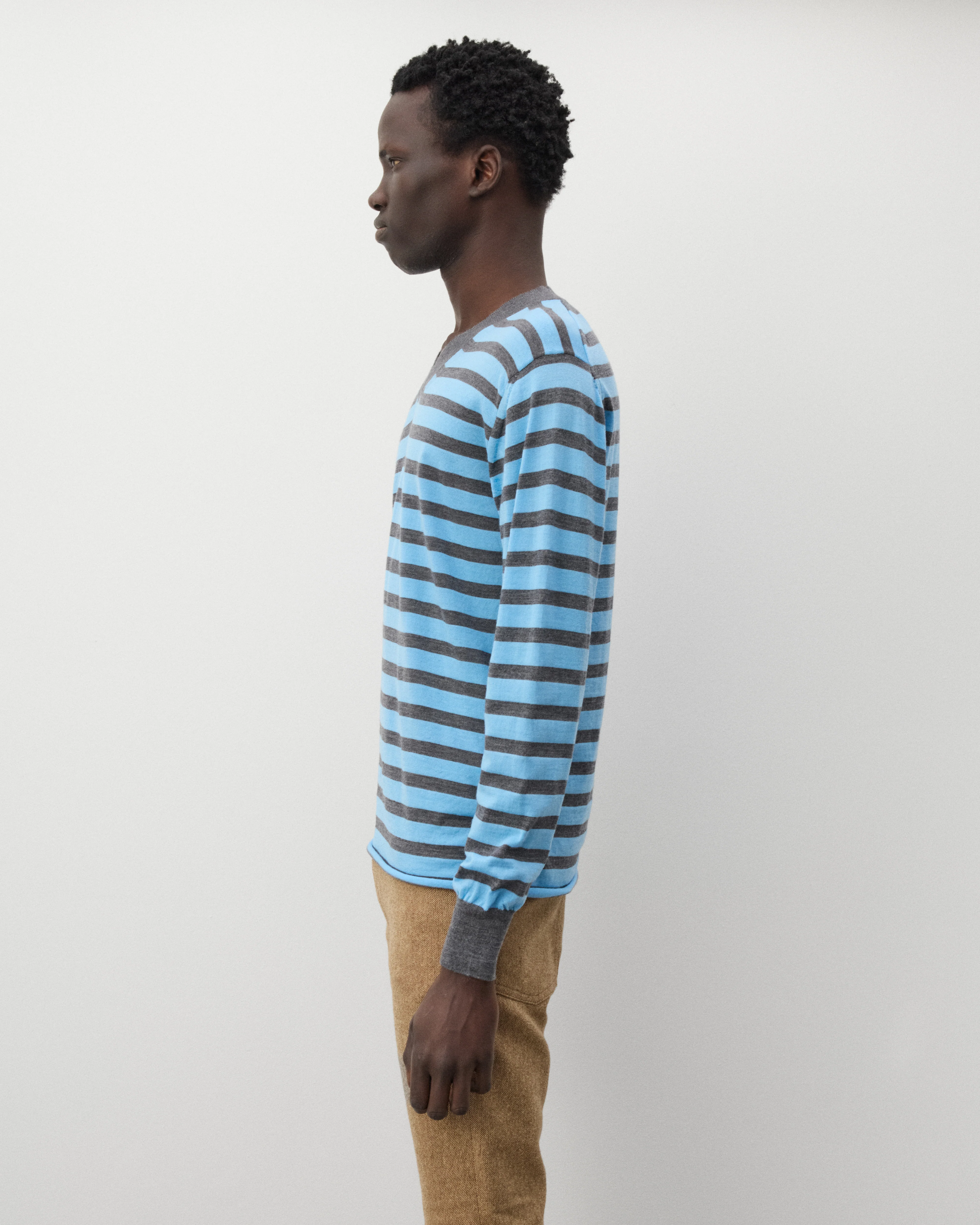 Junya Watanabe Man - Men's Striped V-Neck Sweater - (Grey/Sax Blue) - Image 4