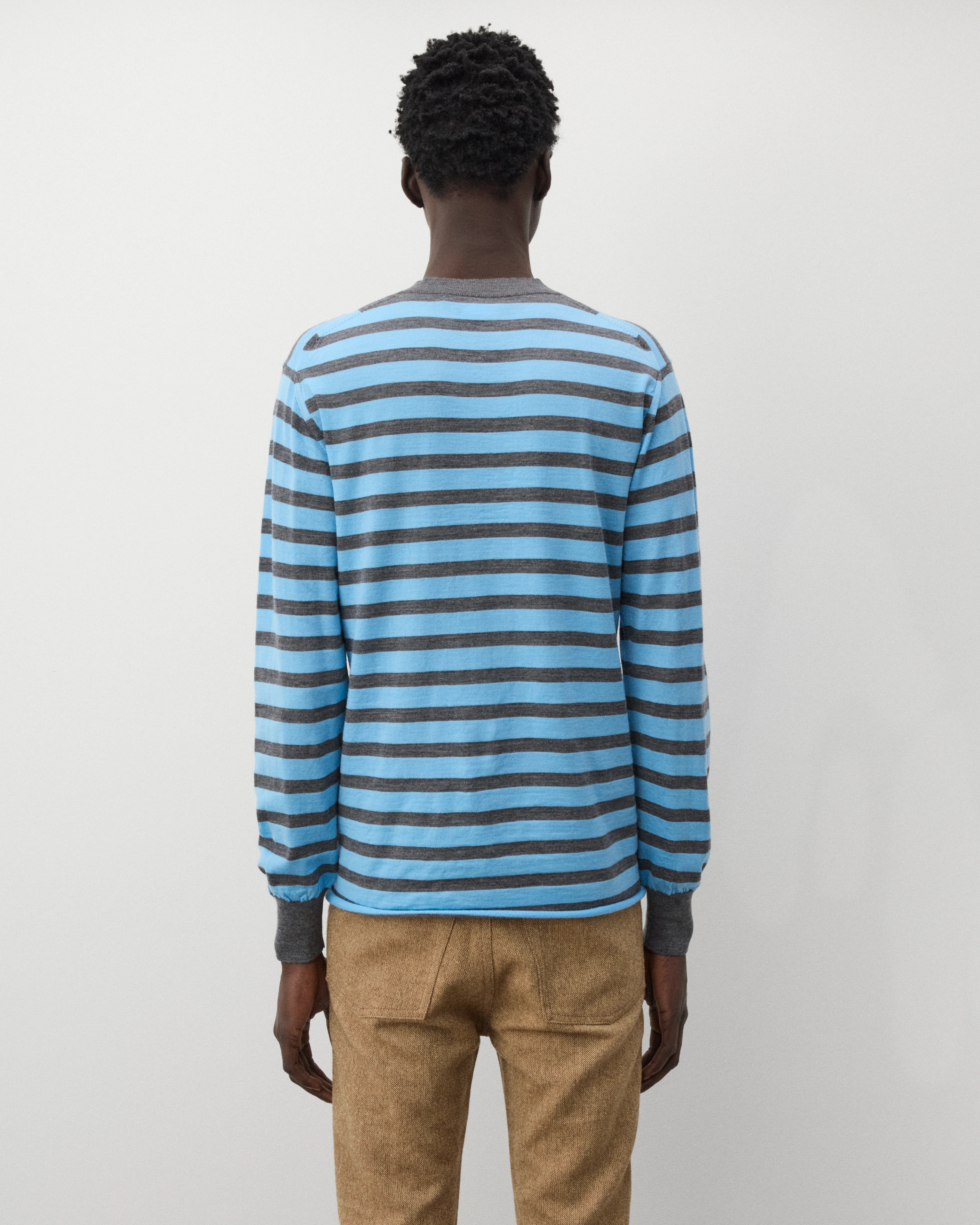 Junya Watanabe Man - Men's Striped V-Neck Sweater - (Grey/Sax Blue) - Image 5