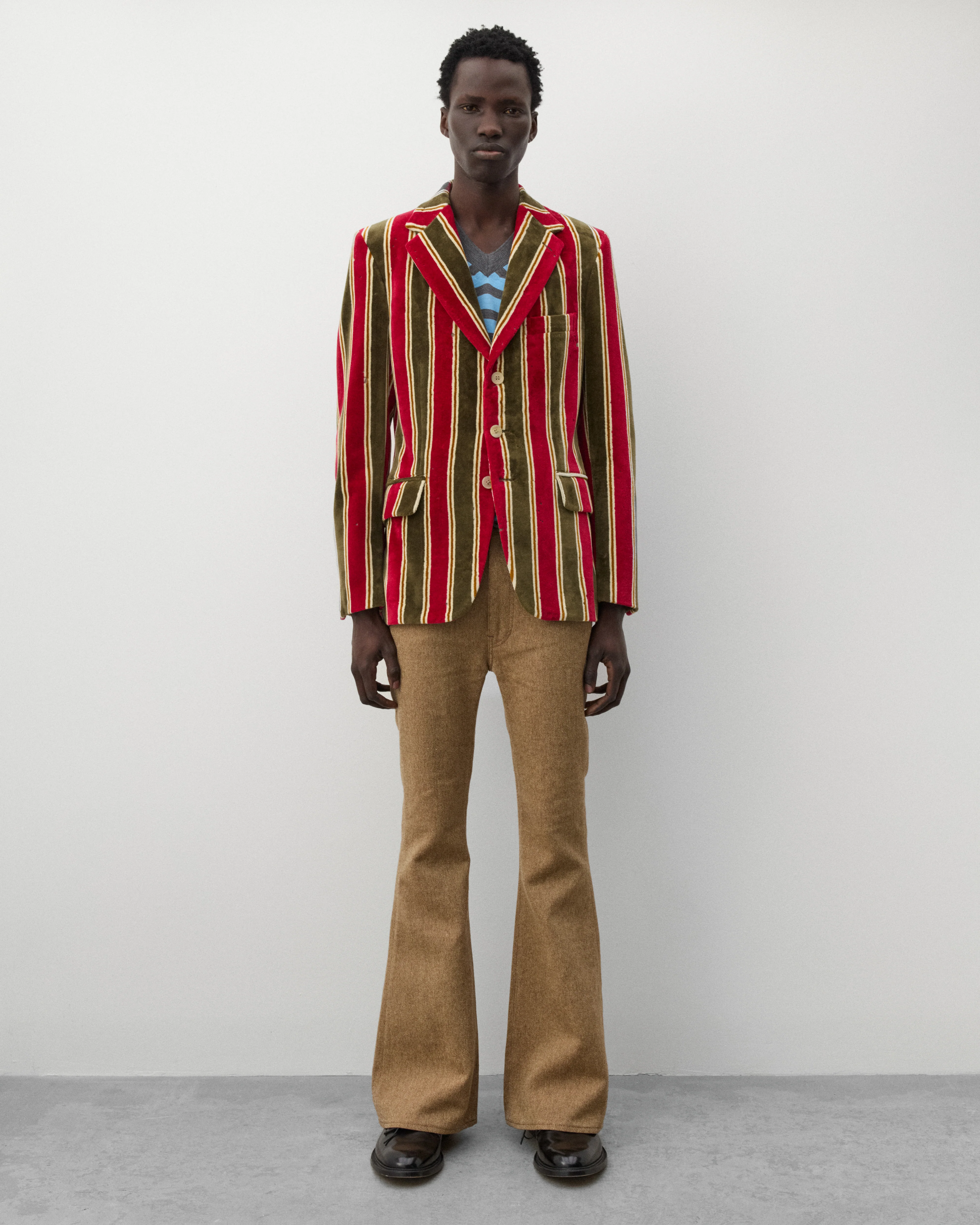 Junya Watanabe Man - Men's Striped V-Neck Sweater - (Grey/Sax Blue) - Image 6