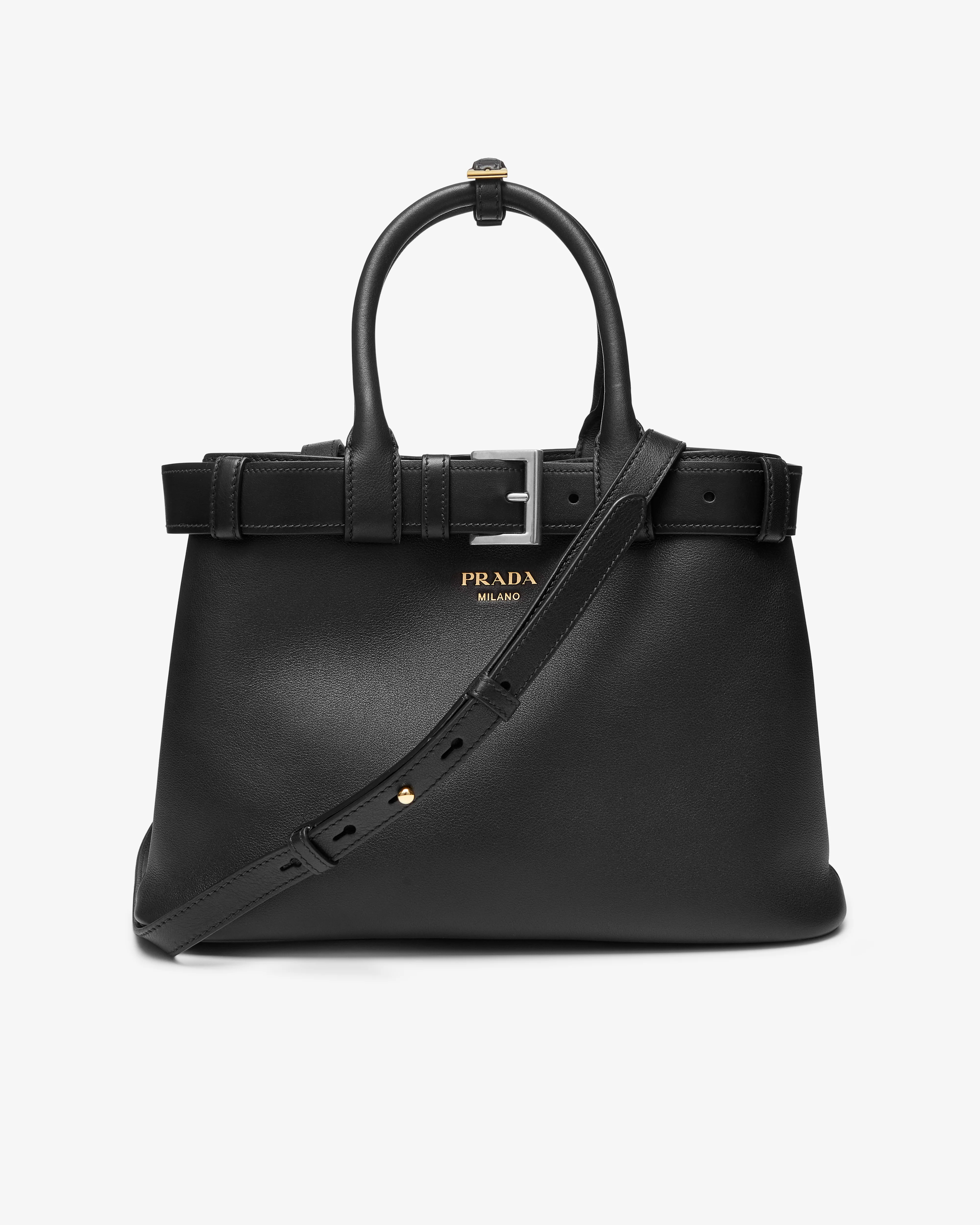 Prada - Women's Buckle Medium Leather Handbag With Belt - (Black)