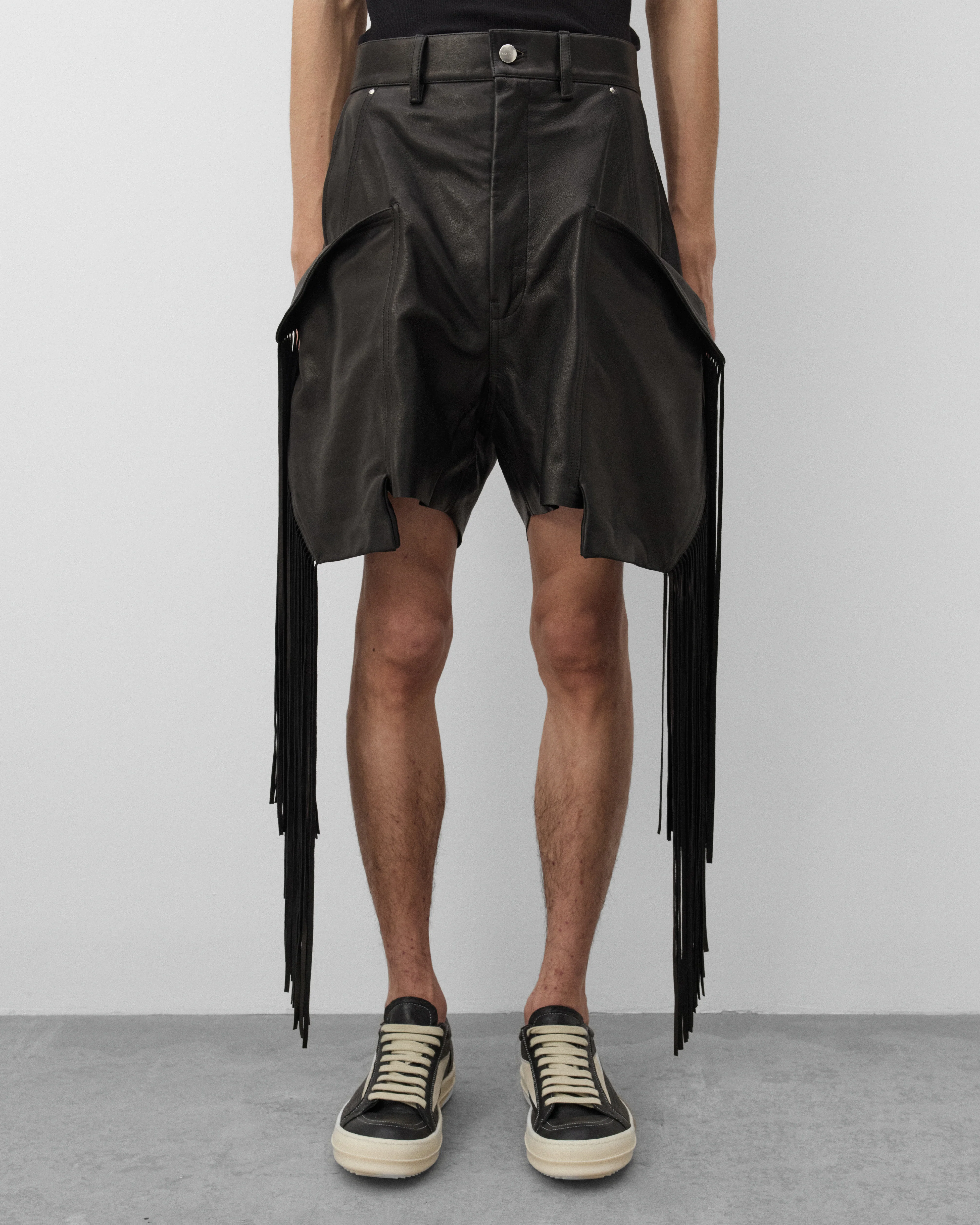 Rick Owens - Men's Leather Fringed Shorts - (Black) - Image 3