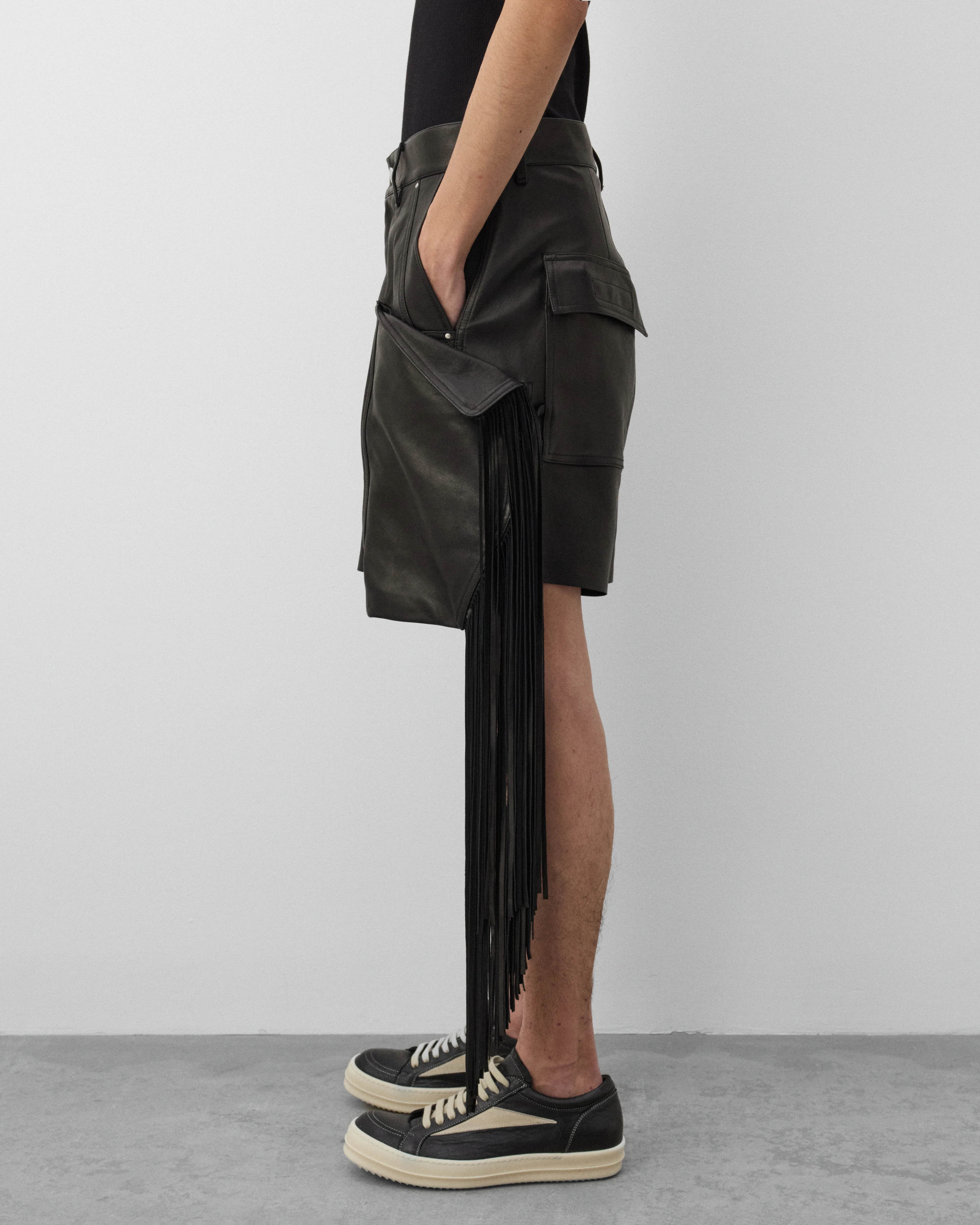 Rick Owens - Men's Leather Fringed Shorts - (Black) - Image 4
