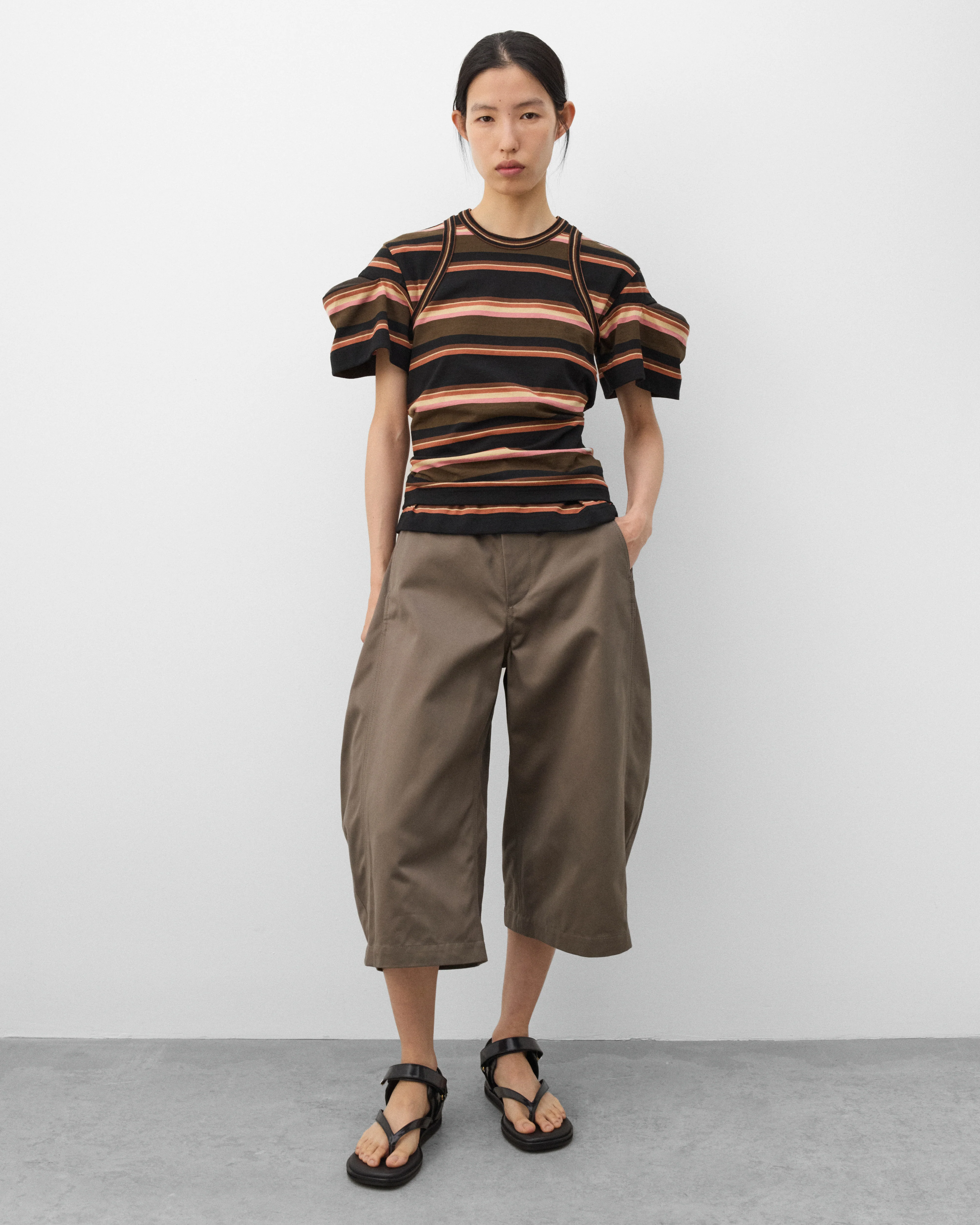 sacai - Women's Horizontal Stripe T-Shirt - (Khaki/Pink) - Image 6