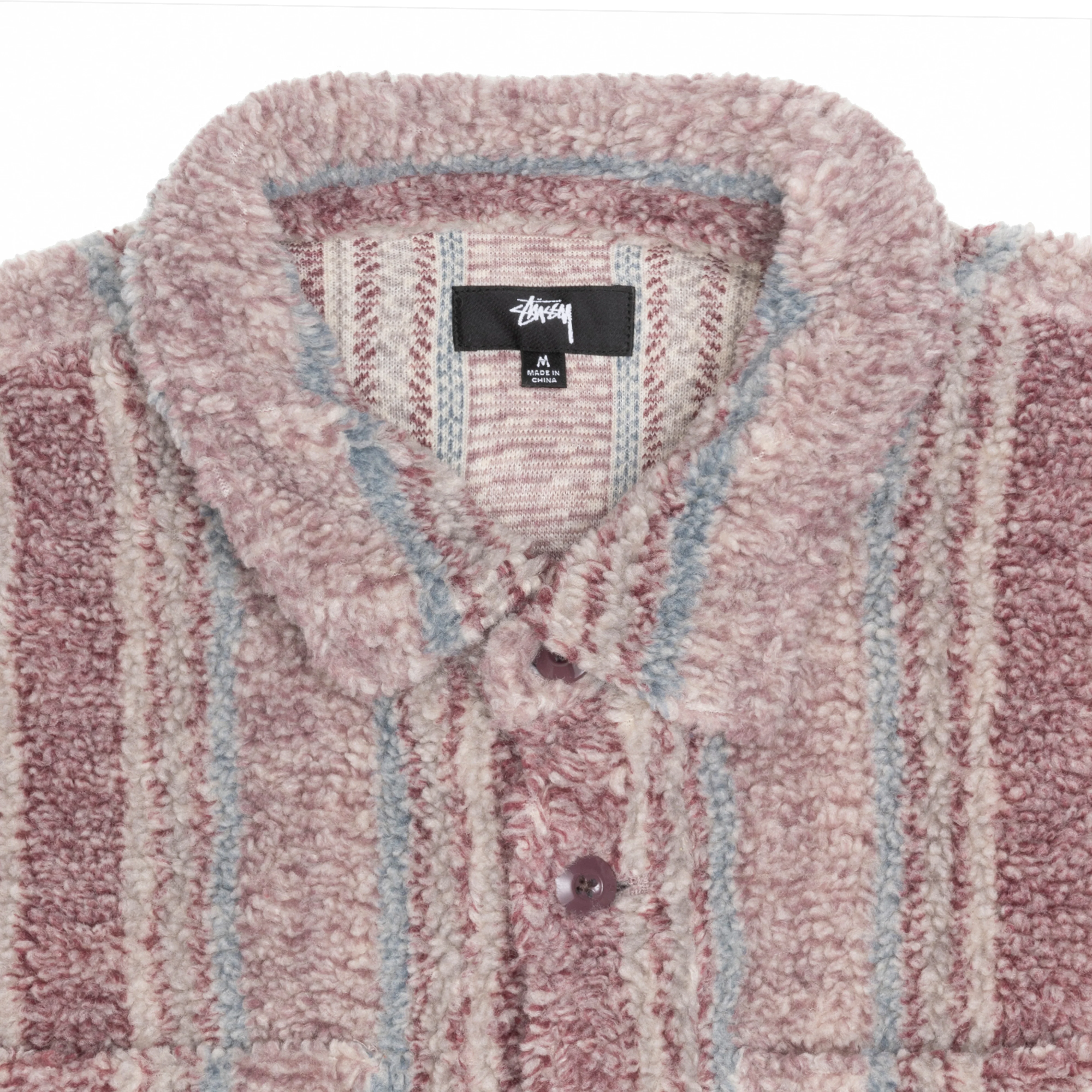 Stüssy - Men's Stripe Sherpa Shirt - (Berry) - Image 3